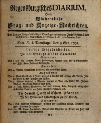 Regensburgisches Diarium oder wöchentliche Frag- und Anzeige-Nachrichten (Regensburger Wochenblatt) Dienstag 9. Oktober 1792