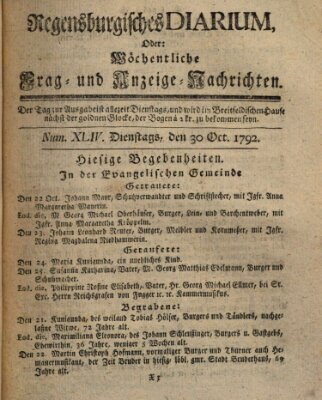 Regensburgisches Diarium oder wöchentliche Frag- und Anzeige-Nachrichten (Regensburger Wochenblatt) Dienstag 30. Oktober 1792