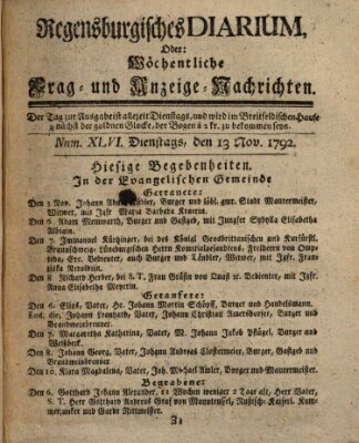 Regensburgisches Diarium oder wöchentliche Frag- und Anzeige-Nachrichten (Regensburger Wochenblatt) Dienstag 13. November 1792