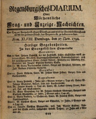 Regensburgisches Diarium oder wöchentliche Frag- und Anzeige-Nachrichten (Regensburger Wochenblatt) Dienstag 27. November 1792