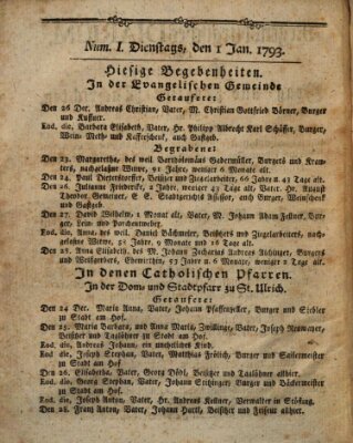 Regensburgisches Diarium oder wöchentliche Frag- und Anzeige-Nachrichten (Regensburger Wochenblatt) Dienstag 1. Januar 1793