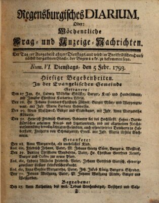 Regensburgisches Diarium oder wöchentliche Frag- und Anzeige-Nachrichten (Regensburger Wochenblatt) Dienstag 5. Februar 1793