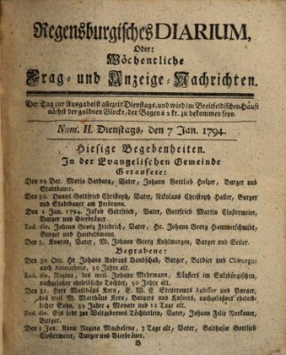 Regensburgisches Diarium oder wöchentliche Frag- und Anzeige-Nachrichten (Regensburger Wochenblatt) Dienstag 7. Januar 1794