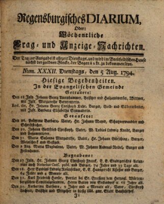 Regensburgisches Diarium oder wöchentliche Frag- und Anzeige-Nachrichten (Regensburger Wochenblatt) Dienstag 5. August 1794