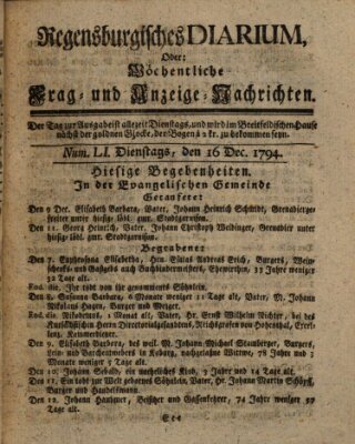 Regensburgisches Diarium oder wöchentliche Frag- und Anzeige-Nachrichten (Regensburger Wochenblatt) Dienstag 16. Dezember 1794