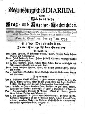 Regensburgisches Diarium oder wöchentliche Frag- und Anzeige-Nachrichten (Regensburger Wochenblatt) Dienstag 13. Januar 1795