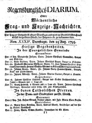 Regensburgisches Diarium oder wöchentliche Frag- und Anzeige-Nachrichten (Regensburger Wochenblatt) Dienstag 25. August 1795