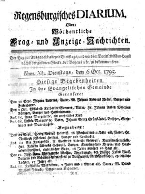 Regensburgisches Diarium oder wöchentliche Frag- und Anzeige-Nachrichten (Regensburger Wochenblatt) Dienstag 6. Oktober 1795