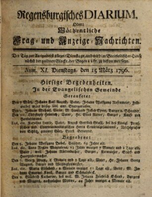 Regensburgisches Diarium oder wöchentliche Frag- und Anzeige-Nachrichten (Regensburger Wochenblatt) Dienstag 15. März 1796