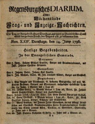 Regensburgisches Diarium oder wöchentliche Frag- und Anzeige-Nachrichten (Regensburger Wochenblatt) Dienstag 14. Juni 1796