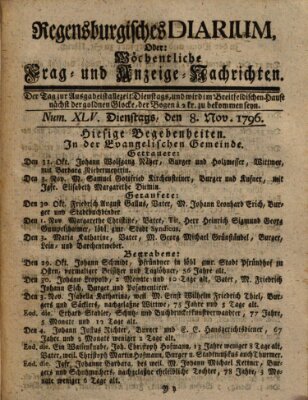 Regensburgisches Diarium oder wöchentliche Frag- und Anzeige-Nachrichten (Regensburger Wochenblatt) Dienstag 8. November 1796