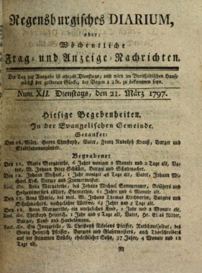 Regensburgisches Diarium oder wöchentliche Frag- und Anzeige-Nachrichten (Regensburger Wochenblatt) Dienstag 21. März 1797