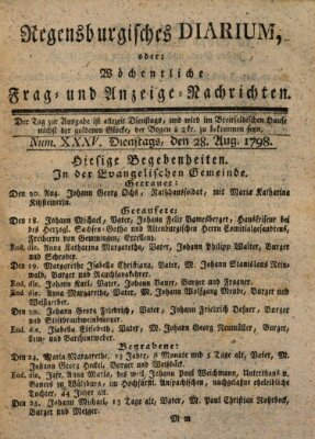 Regensburgisches Diarium oder wöchentliche Frag- und Anzeige-Nachrichten (Regensburger Wochenblatt) Dienstag 28. August 1798