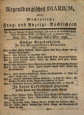 Regensburgisches Diarium oder wöchentliche Frag- und Anzeige-Nachrichten (Regensburger Wochenblatt) Dienstag 2. Oktober 1798