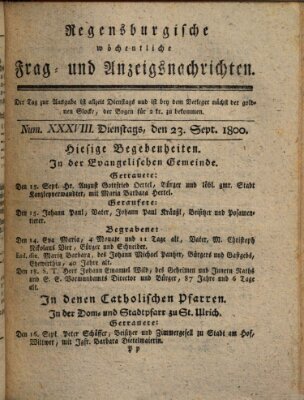 Regensburgische wöchentliche Frag- und Anzeigsnachrichten (Regensburger Wochenblatt) Dienstag 23. September 1800