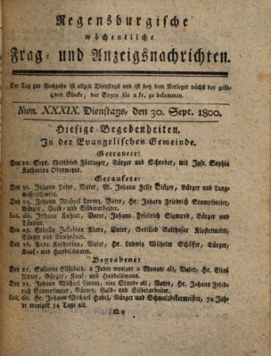 Regensburgische wöchentliche Frag- und Anzeigsnachrichten (Regensburger Wochenblatt) Dienstag 30. September 1800