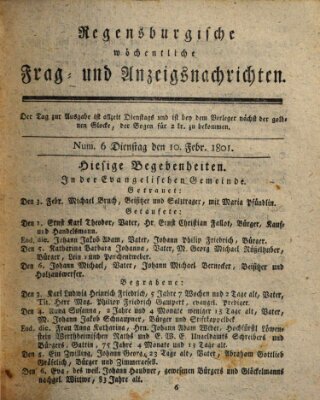 Regensburgische wöchentliche Frag- und Anzeigsnachrichten (Regensburger Wochenblatt) Dienstag 10. Februar 1801