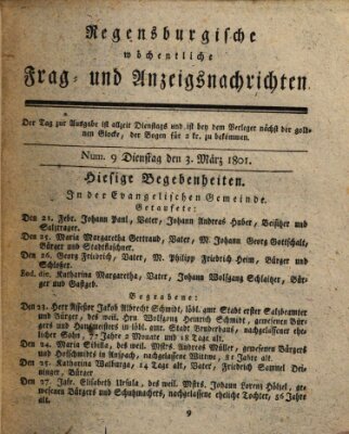 Regensburgische wöchentliche Frag- und Anzeigsnachrichten (Regensburger Wochenblatt) Dienstag 3. März 1801