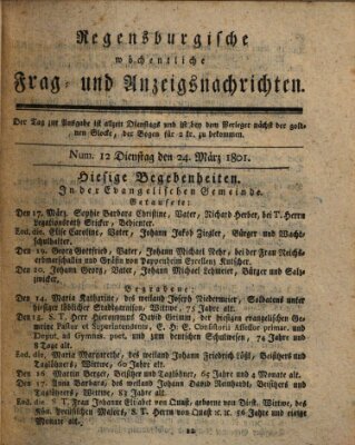 Regensburgische wöchentliche Frag- und Anzeigsnachrichten (Regensburger Wochenblatt) Dienstag 24. März 1801