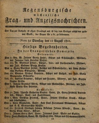 Regensburgische wöchentliche Frag- und Anzeigsnachrichten (Regensburger Wochenblatt) Dienstag 11. August 1801