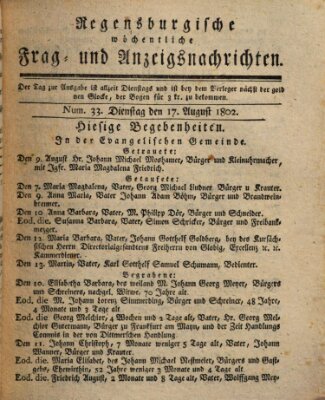 Regensburgische wöchentliche Frag- und Anzeigsnachrichten (Regensburger Wochenblatt) Dienstag 17. August 1802