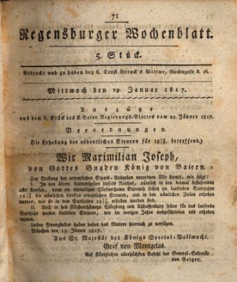 Regensburger Wochenblatt Mittwoch 29. Januar 1817
