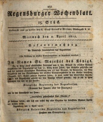 Regensburger Wochenblatt Mittwoch 9. April 1817