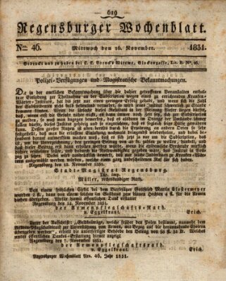 Regensburger Wochenblatt Mittwoch 16. November 1831