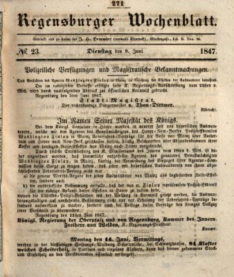Regensburger Wochenblatt Dienstag 8. Juni 1847