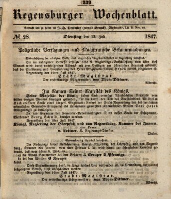 Regensburger Wochenblatt Dienstag 13. Juli 1847