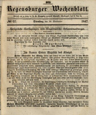 Regensburger Wochenblatt Dienstag 14. September 1847