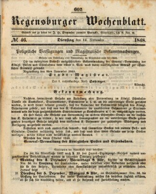Regensburger Wochenblatt Dienstag 14. November 1848