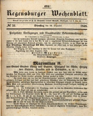 Regensburger Wochenblatt Dienstag 19. Dezember 1848