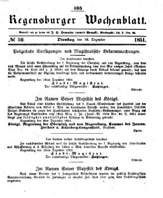 Regensburger Wochenblatt Dienstag 16. Dezember 1851