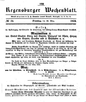 Regensburger Wochenblatt Dienstag 23. März 1852