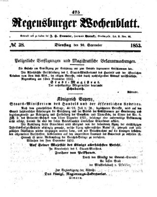 Regensburger Wochenblatt Dienstag 20. September 1853