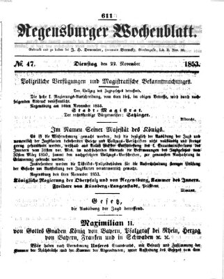 Regensburger Wochenblatt Dienstag 22. November 1853