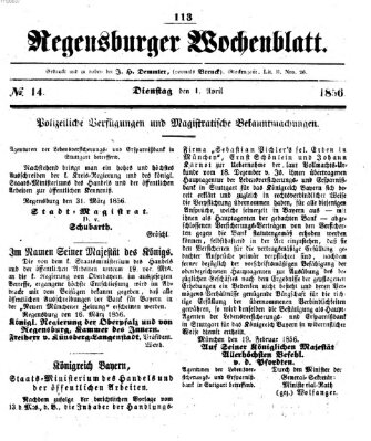 Regensburger Wochenblatt Dienstag 1. April 1856