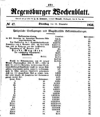 Regensburger Wochenblatt Dienstag 18. November 1856
