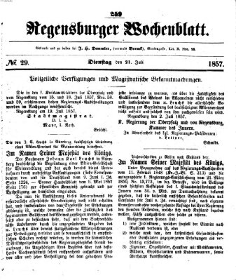 Regensburger Wochenblatt Dienstag 21. Juli 1857
