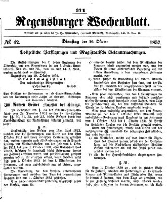 Regensburger Wochenblatt Dienstag 20. Oktober 1857