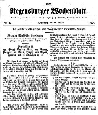 Regensburger Wochenblatt Dienstag 24. August 1858