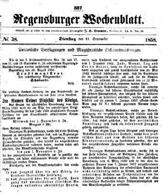 Regensburger Wochenblatt Dienstag 21. September 1858