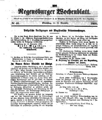 Regensburger Wochenblatt Dienstag 13. November 1860