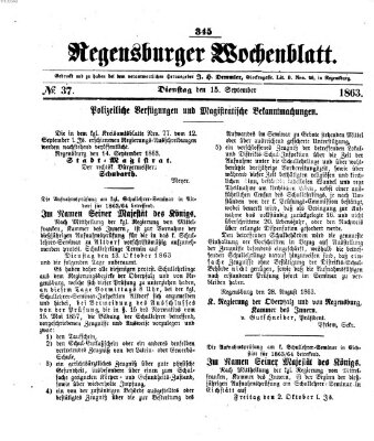 Regensburger Wochenblatt Dienstag 15. September 1863