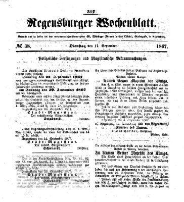 Regensburger Wochenblatt Dienstag 17. September 1867