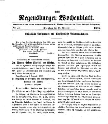 Regensburger Wochenblatt Dienstag 17. November 1868