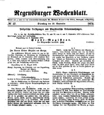 Regensburger Wochenblatt Dienstag 10. September 1872