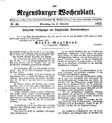 Regensburger Wochenblatt Dienstag 12. November 1872