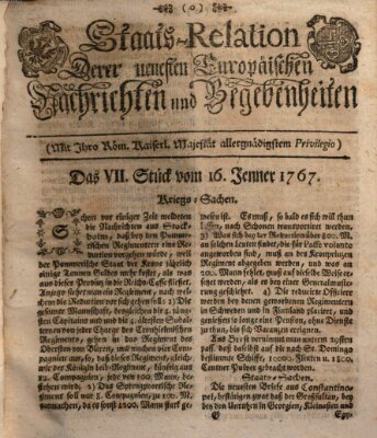 Staats-Relation der neuesten europäischen Nachrichten und Begebenheiten Freitag 16. Januar 1767